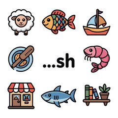 Naklejka premium Cute cartoon icons featuring sheep fish ship plate text shark shrimp shop bookshelf for kids learning