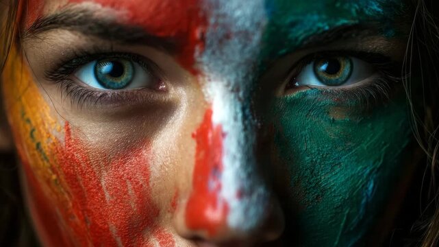 A mesmerizing portrait of a person's face, painted with bold, striking colors.