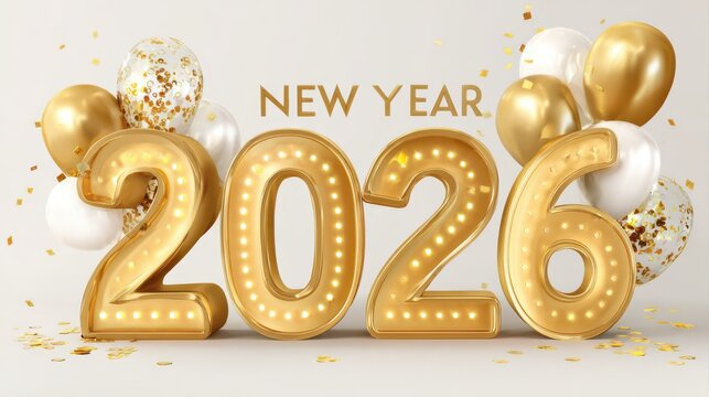 Celebrate the arrival of the new year with colorful balloons and confetti. The design features modern typography and a glowing golden color scheme, perfect for a festive sale banner.