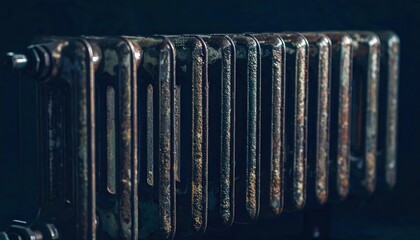 Old dark metallic radiator with vintage industrial texture, rustic retro heating element, atmospheric mechanical structure, antique craftsmanship, heritage framework, decorative detail