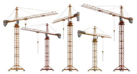 Set of construction cranes vector illustration of industrial machinery isolated on white background for building and development projects