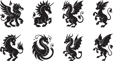 Fototapeta premium Heraldic Creatures Black Silhouettes a Collection of Mythical Beasts Including a Griffin Unicorn and Various Dragons