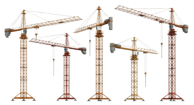 Set of construction cranes vector illustration of industrial machinery isolated on white background for building and development projects