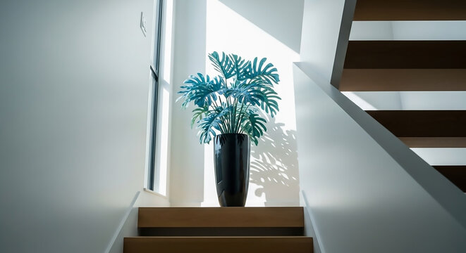 Air-Purifying Indoor Plant Alocasia Frydek in a Modern Minimalist Setting During Golden Hour