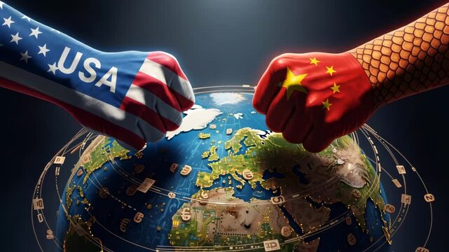 Hands with USA and China flags punching globe. Economic conflict and trade war concept, competitive international relations footage.