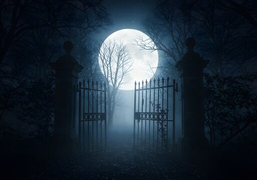 An ancient, ornate wrought iron gate stands open, leading into a foggy, moonlit graveyard with silhouetted trees and statues, evoking a sense of mystery and the supernatural on a clear night - Powered by Adobe
