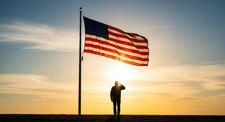 American Flag Waving at Sunset with Veteran Silhouette