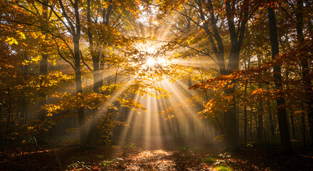 Obraz premium Autumn forest with sunlight rays filtering through trees 