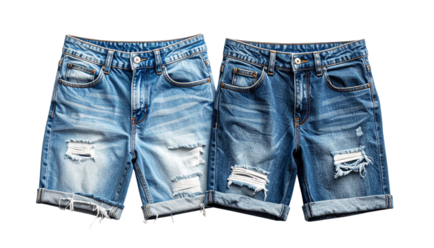 Dual Denim Shorts Designs in Light Wash Distressed Look isolated on transparent background