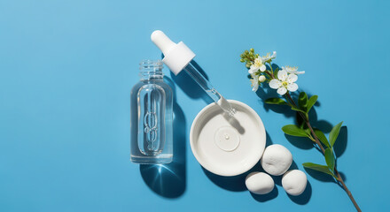 Niacinamide serum in glass dropper bottle, surrounded by white stones and flowers, on vibrant blue background, showcasing skincare product with copy space for branding