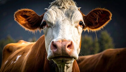 "Brown and white cow standing in grassy meadow with mountain peaks, trees, and cabin in warm morning light under blue sky."