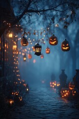 Spooky Halloween scene with glowing pumpkins and lanterns at misty nighttime