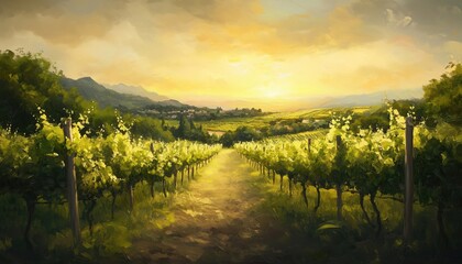 Fototapeta premium Peaceful And Serene Painting Of A Vineyard With A Setting Sun. The Mood Of The Artwork Evokes Feelings Of Calmness And Tranquility.