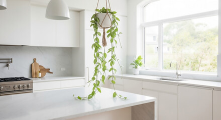 A beautiful air-purifying indoor plant hangs in a modern, light-filled kitchen, adding a touch of vibrant green to the minimalist decor