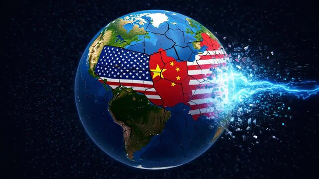 World globe with US and China flag map hit by blue lightning. Economic war concept footage.