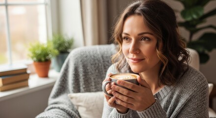 A woman sits in a cozy chair, holding a coffee cup, looking thoughtfully out the window.