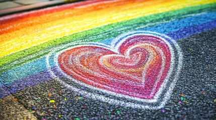 A vibrant heart surrounded by rainbow colors, expressed through colorful chalk art on pavement, symbolizing love and inclusivity.