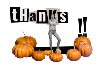 Sketch image composite trend collage of autumn season happy thanksgiving day young lady shocked face stand pumpkin vegetable decoration