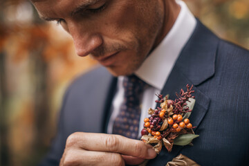 Groom Adjusting Boutonniere with Dried Berries on Wedding Day