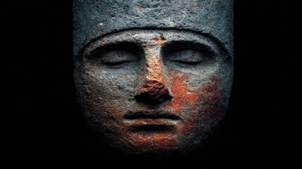 Ancient stone sculpture close up of a weathered face symbolic art