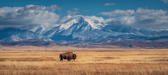 Majestic bison roams golden prairie with snow-capped mountains majestically towering under a dramatic cloudy sky