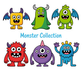 Cartoon monster collection: six colorful, cute, and funny creatures with various shapes and features.