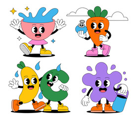 Whimsical cartoon characters representing a water bowl, carrot, banana, letter C, and a paint splash.