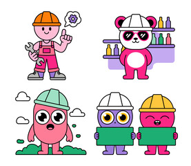 A collection of four cute cartoon illustrations featuring characters in construction hats, including a person with a wrench, a panda, and two monsters.