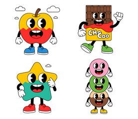 A collection of four colorful retro cartoon mascot characters: an apple, a chocolate bar, a star, and stacked sweets.