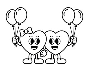 Two cartoon hearts holding balloons isolated on white background