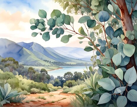 Watercolor landscape painting of a scenic mountain vista with a lake and eucalyptus trees