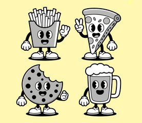 Cartoon food characters: fries, pizza, cookie, and beer mug with faces and limbs.
