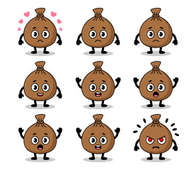Nine cartoon dumplings with different facial expressions, showing various emotions and feelings.