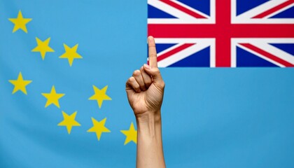 "Tuvalu flag with Union Jack and nine yellow stars on blue field, highlighted by upward-pointing hand gesture symbolizing pride and identity."