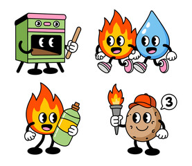 A collection of four cartoon illustrations featuring anthropomorphic characters representing elements and objects related to heat and cooking.