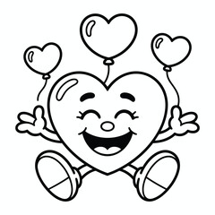 Happy heart character with balloons isolated on white background