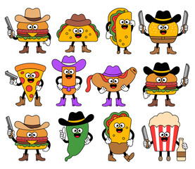 A collection of retro cartoon fast food characters dressed as cowboys with hats, boots, and weapons.