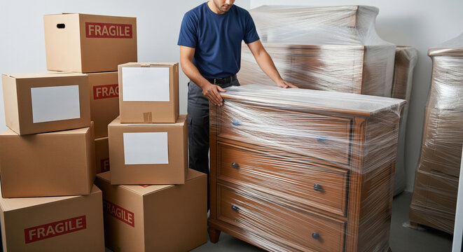 Delivery service worker, mover covers furniture with plastic for storage or moving, protection from dust, dirt, damage, moving cardboard boxes, loading, unloading, new things for home