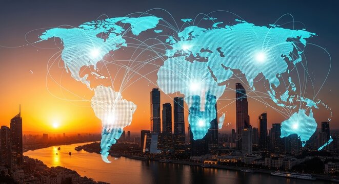 Global network overlay on city skyline at sunset world map