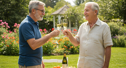 Elderly men toasting with glasses in garden during summer celebration  