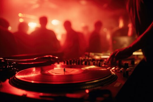 DJ Scratching Vinyl in 1990s Club with Red Strobe Lighting and Smoke
