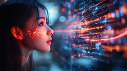 Futuristic Vision of a Woman Interacting with Digital Data Stream. - Powered by Adobe