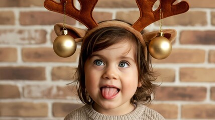 Playful close-up portrait of child in cozy knit sweater and festive reindeer headpiece with gold ornaments, tongue out and blue eyes