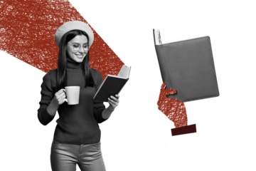 Collage picture young cheerful bookworm girl library cup coffee beverage cafe read literature copybook hold hand drawing background