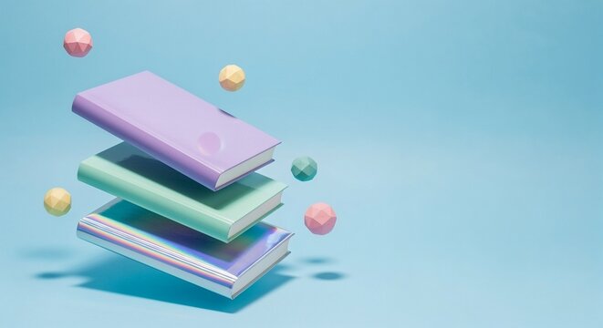 Stack of colorful pastel books floating with geometric shapes on light blue background. Creative flat lay mockup for education and imagination concept.