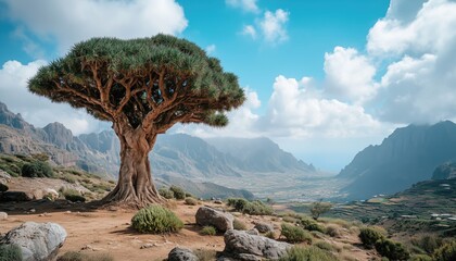 The Majestic Dragon Tree: A Striking Feature Of Yemen'S Socotra Valley, With A Distant View Of Numerous Dragon Trees.