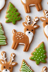 Fototapeta premium Cute gingerbread cookies shaped like reindeer and decorated with icing, surrounded by festive green trees, perfect for holiday celebrations and seasonal treats