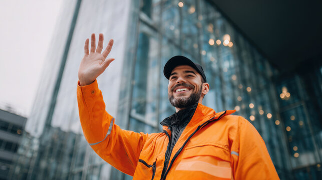 Courier in Orange Jacket Waving by Glass Office Building