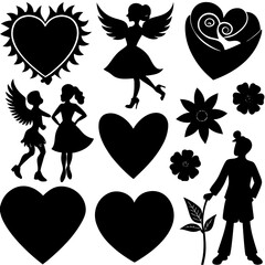 Valentine's Day Silhouette Vector,   Romantic Silhouette Vector,  Happy Valentine's day vector,  Valentines Day icon set, black silhouette style. Love, romance, wedding collection