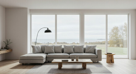 A bright, airy minimalist living room with a large sectional sofa in light grey wool. A single, elegant floor lamp and a low, raw wood coffee table. Massive windows overlooking a calm landscape, flood